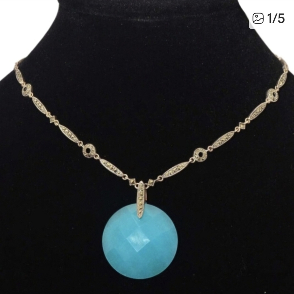 Aqua Teal Faceted Judith‎ Jack Pendant Necklace Marcasite .925 Sterling - Picture 6 of 6
